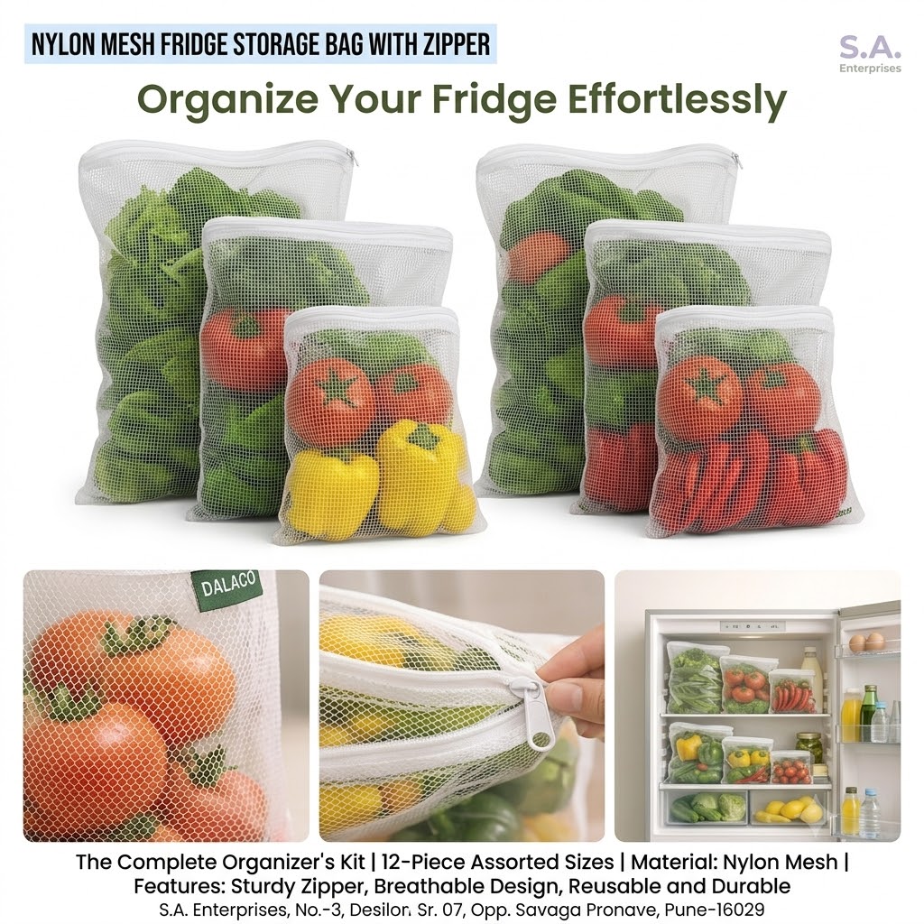 SuBaA Nylon Mesh Fridge Storage Bag with Zipper